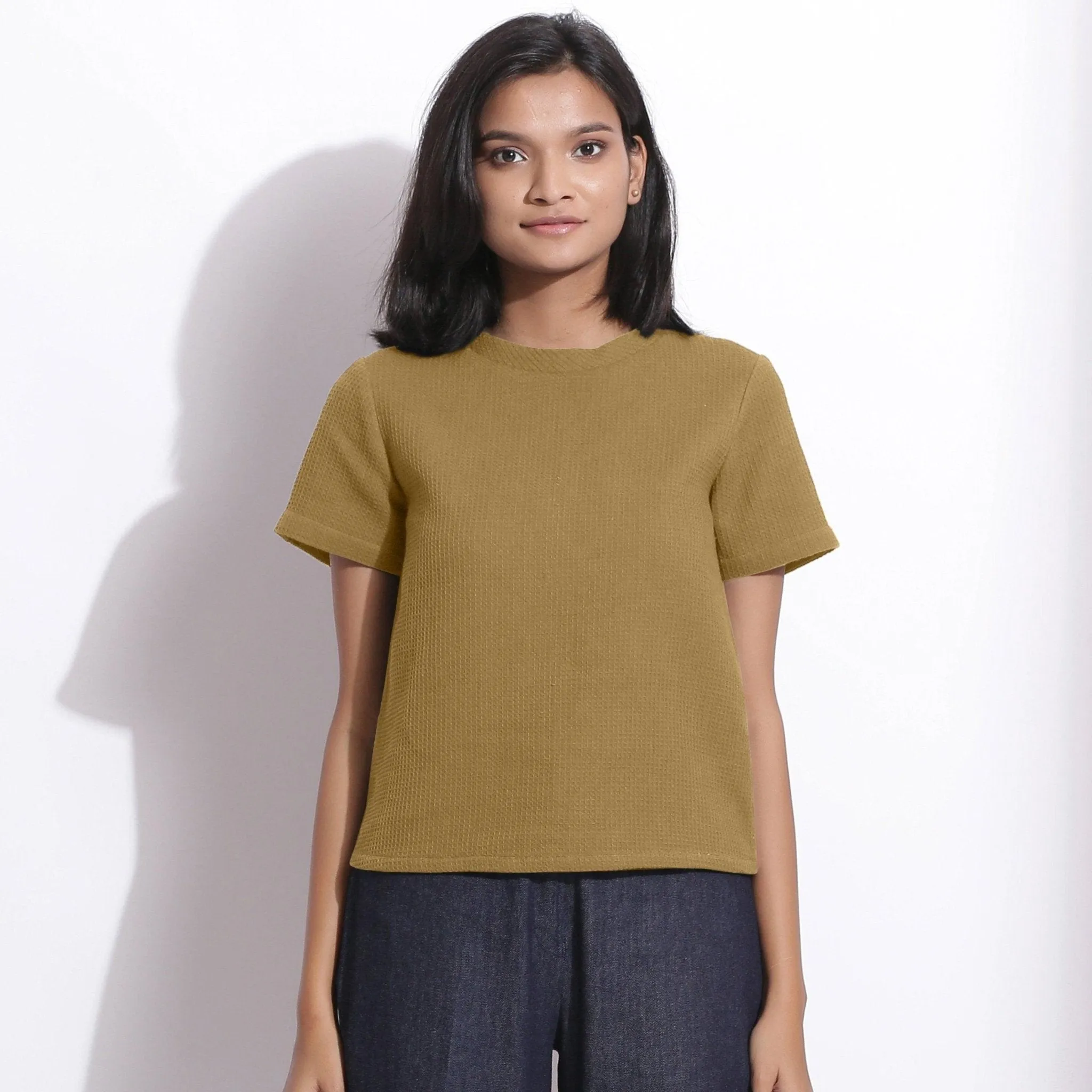 Olive Green Warm Cotton Honeycomb Waffle T-Shirt