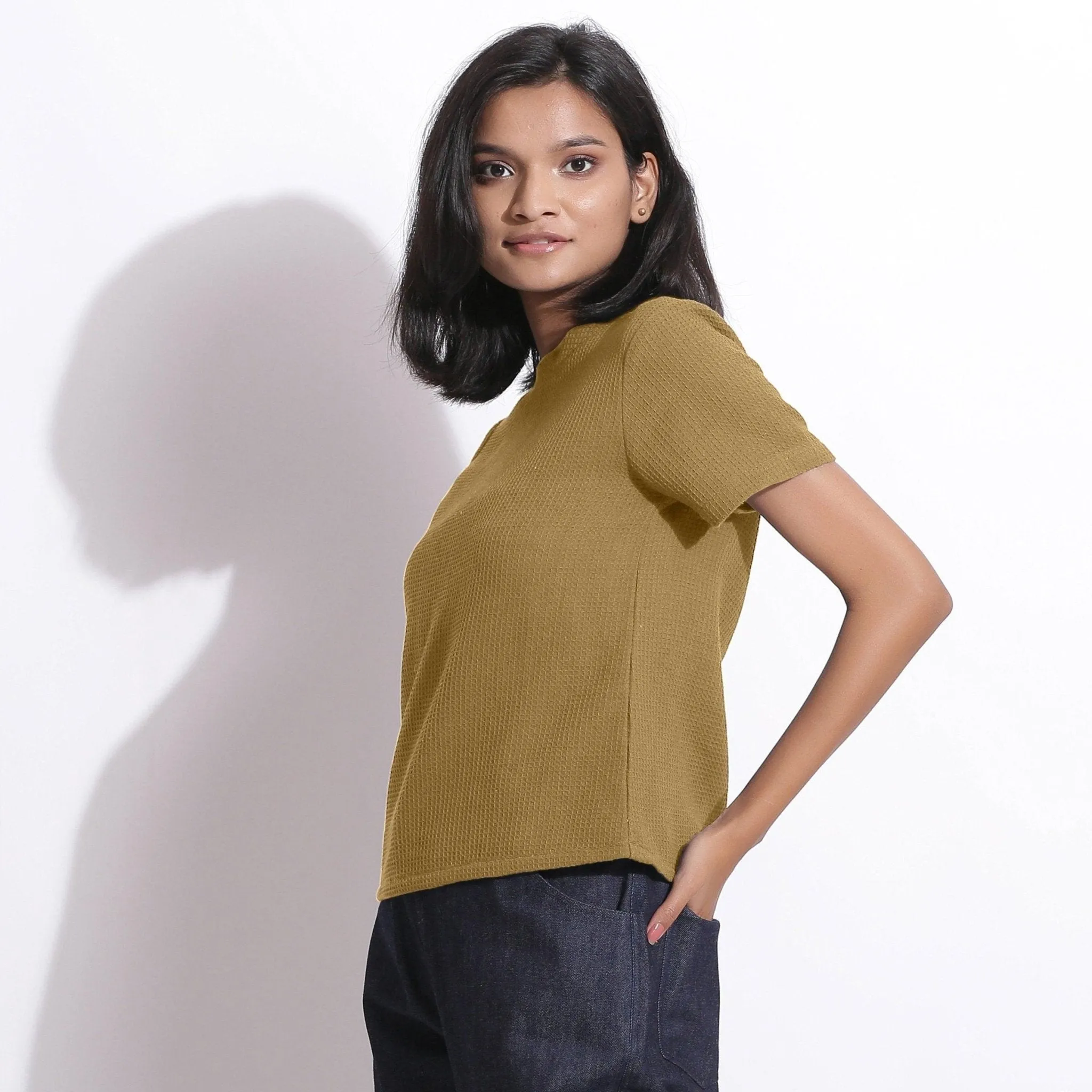 Olive Green Warm Cotton Honeycomb Waffle T-Shirt