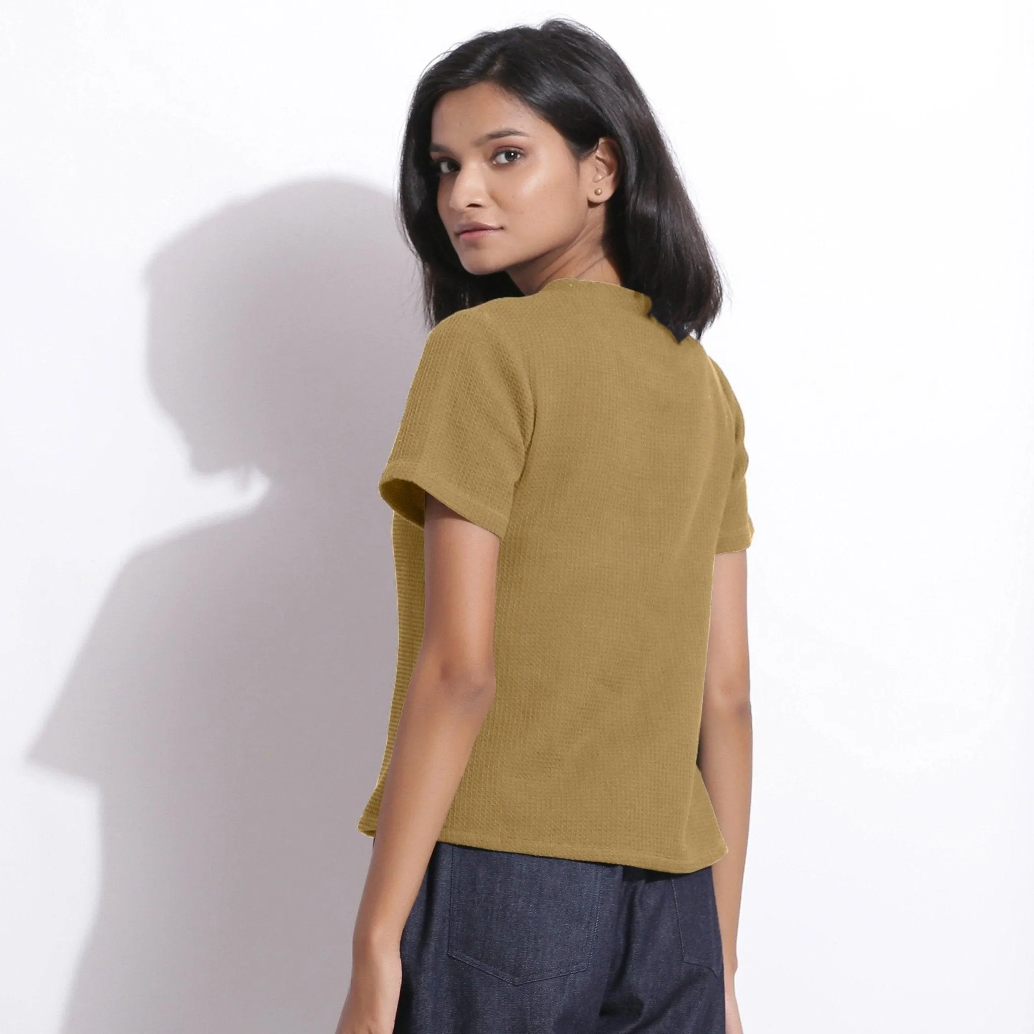 Olive Green Warm Cotton Honeycomb Waffle T-Shirt