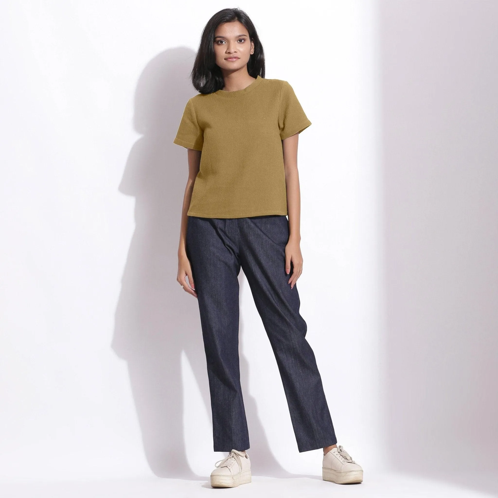 Olive Green Warm Cotton Honeycomb Waffle T-Shirt