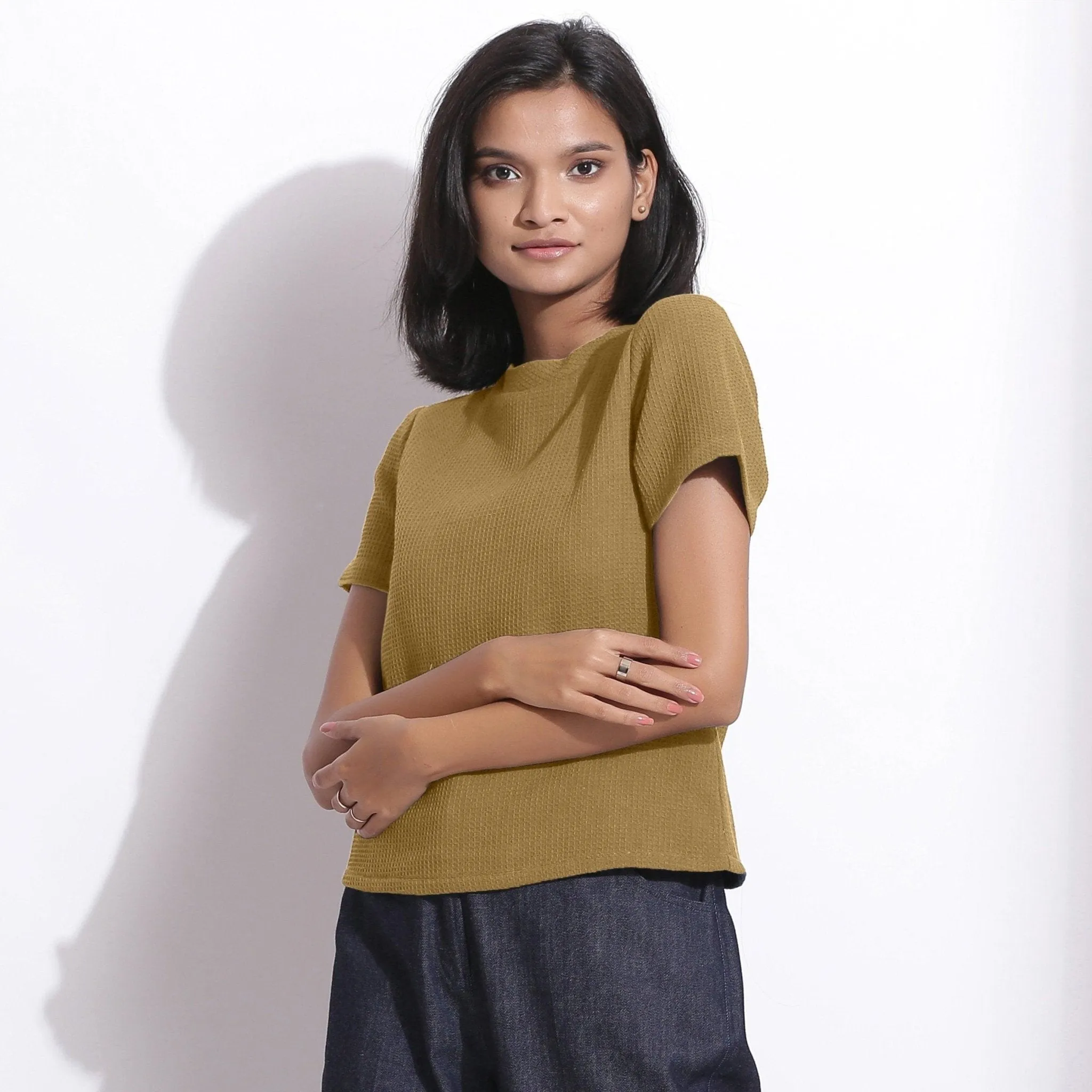 Olive Green Warm Cotton Honeycomb Waffle T-Shirt