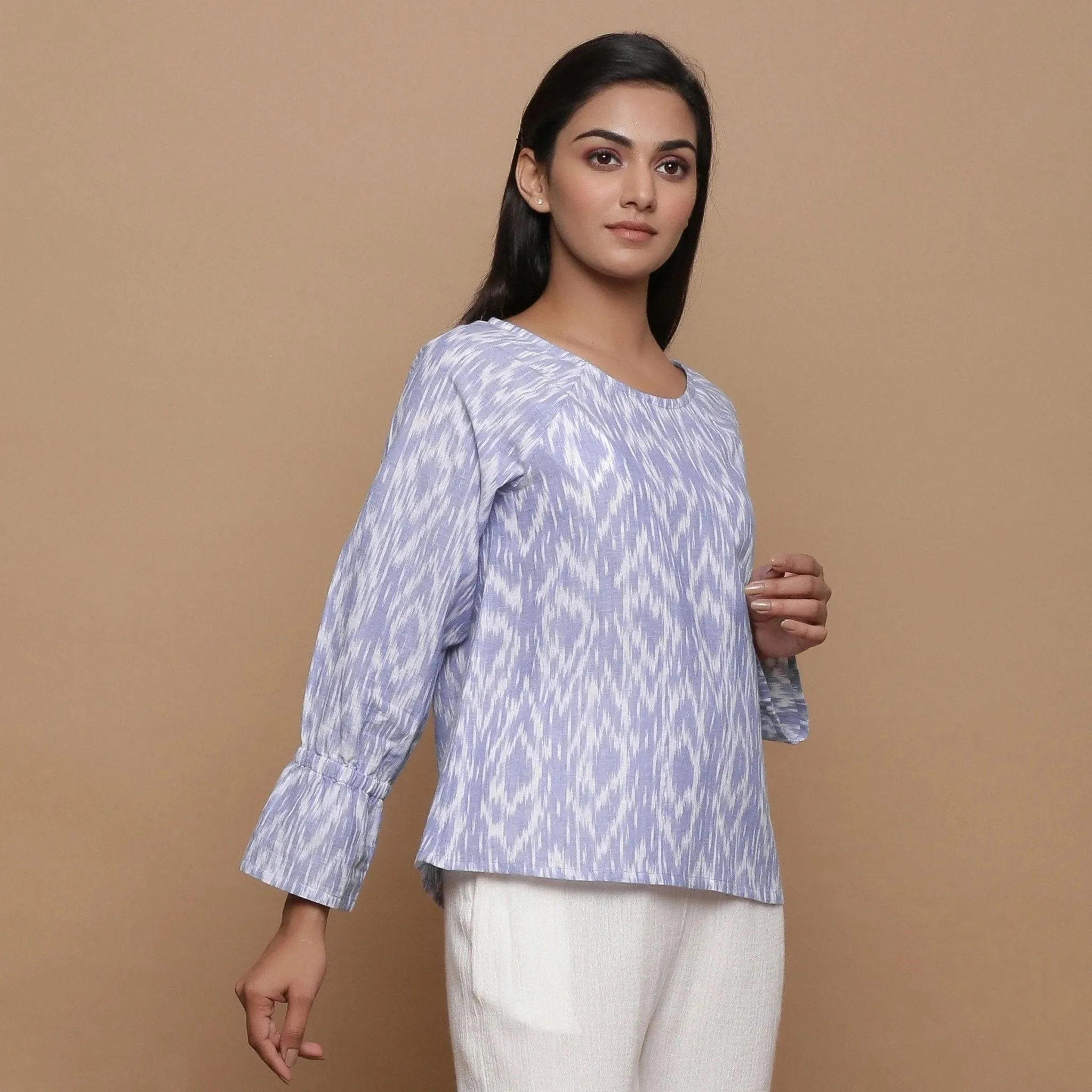 Powder Blue Handwoven Ikat Cotton Raglan Sleeves Top