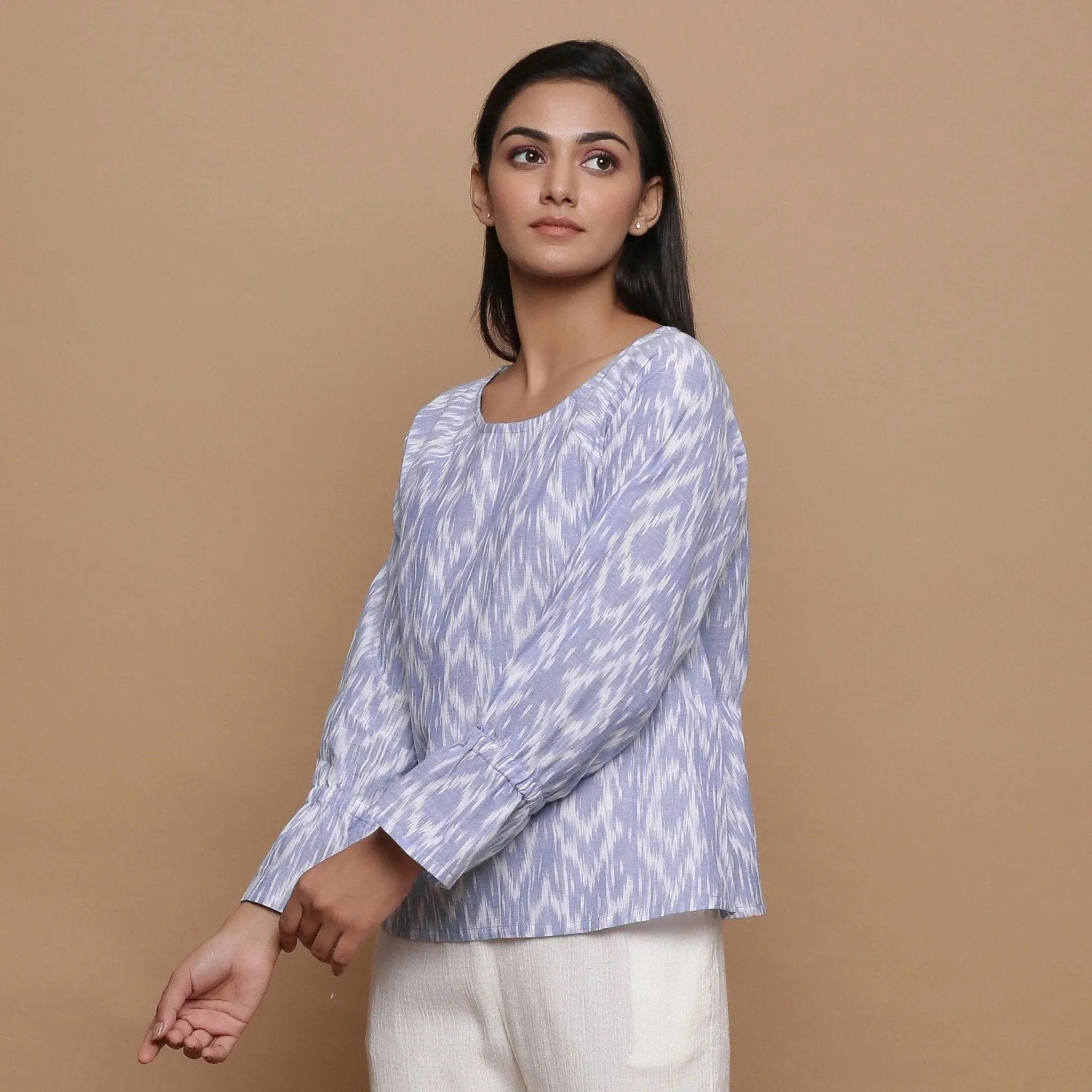 Powder Blue Handwoven Ikat Cotton Raglan Sleeves Top