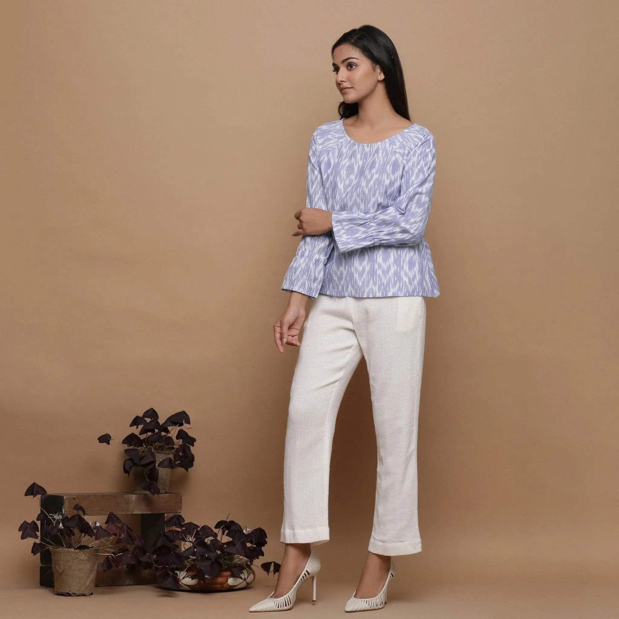 Powder Blue Handwoven Ikat Cotton Raglan Sleeves Top