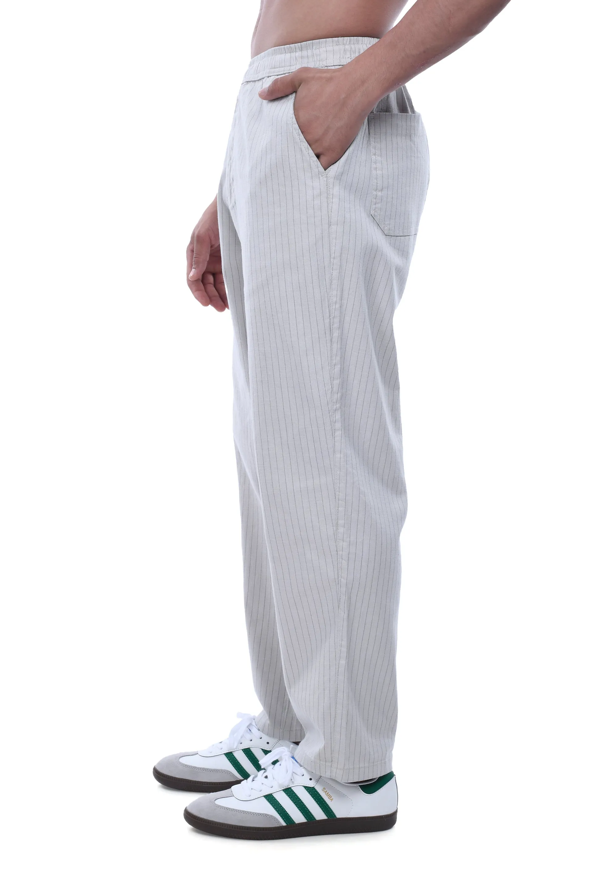 RELAXED STRIPED COTTON PANTS IN GREY