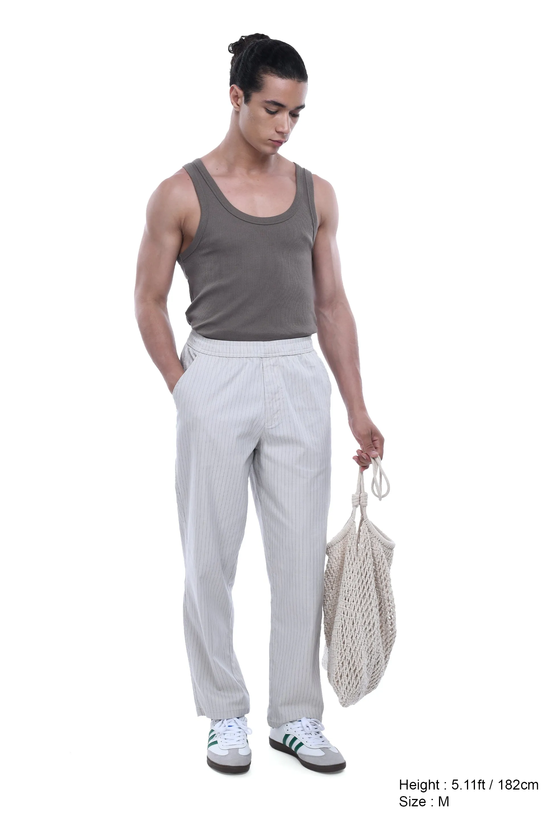 RELAXED STRIPED COTTON PANTS IN GREY