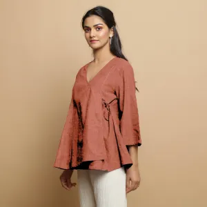 Rust Embroidered Linen Asymmetrical Godet Top