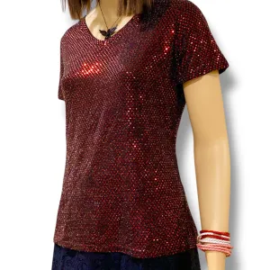 Sequin V Neck Short Sleeve Top