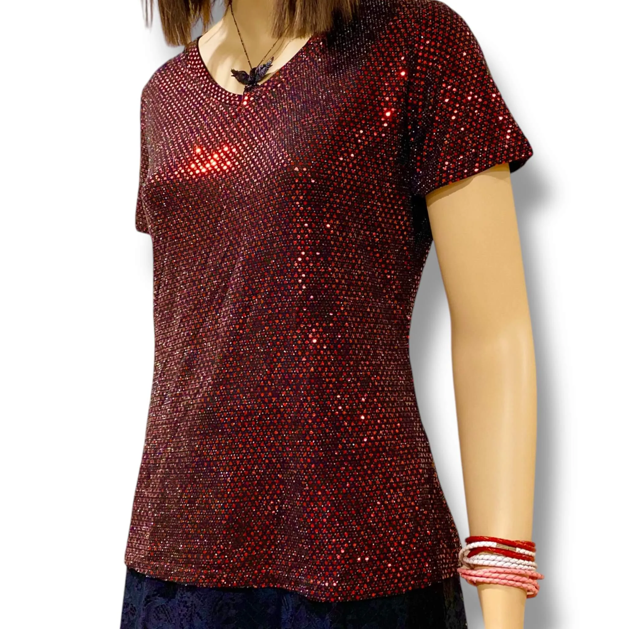 Sequin V Neck Short Sleeve Top