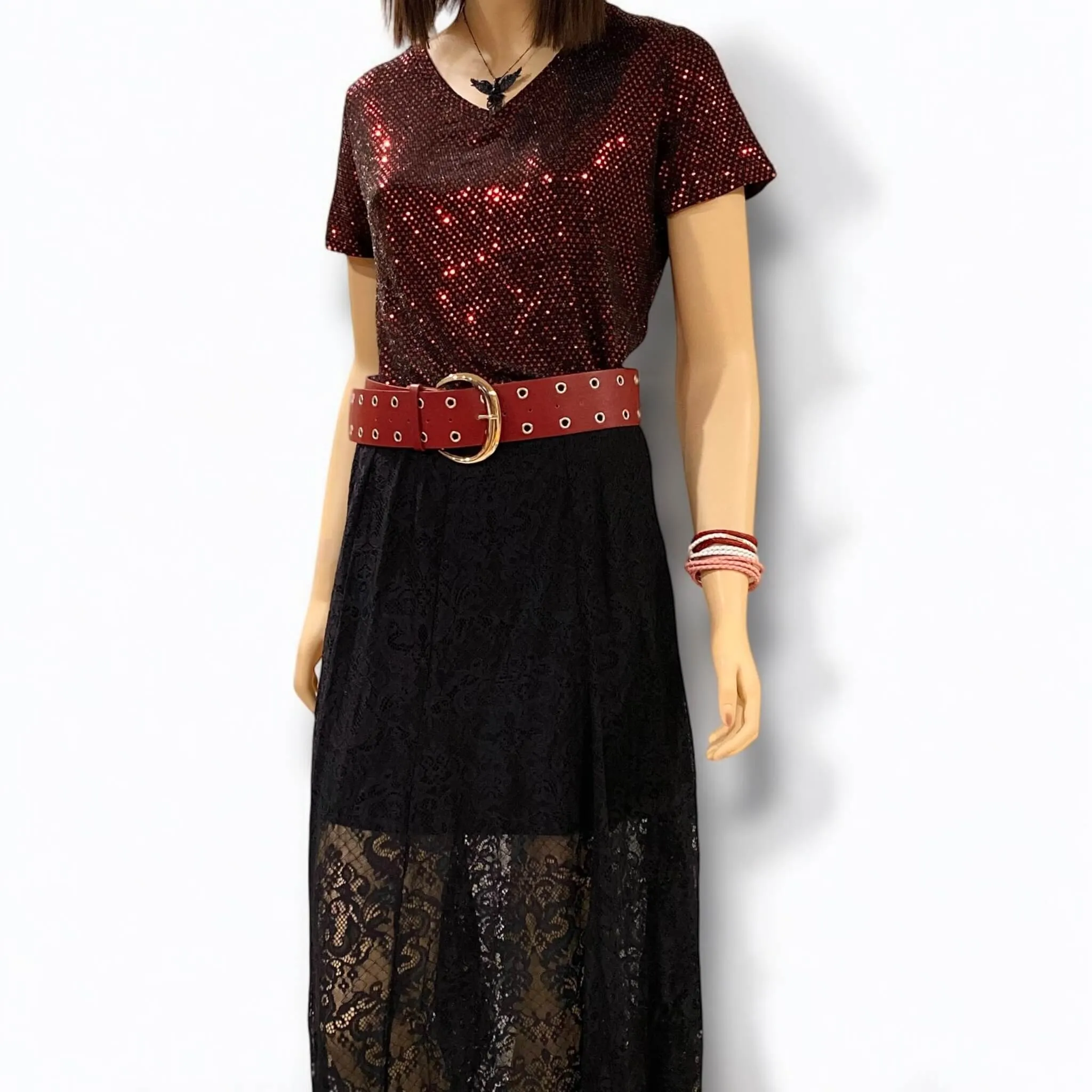 Sequin V Neck Short Sleeve Top