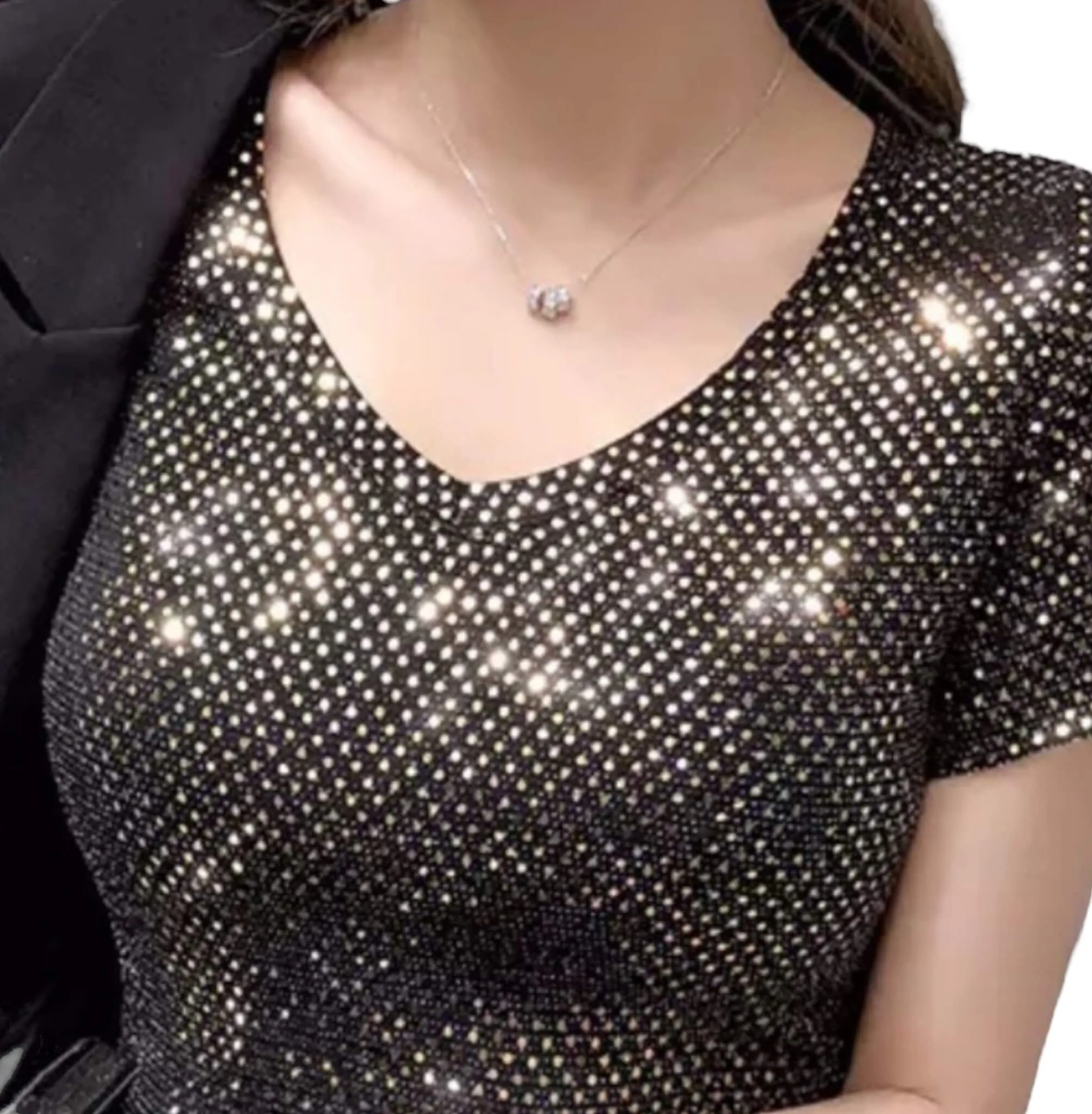 Sequin V Neck Short Sleeve Top