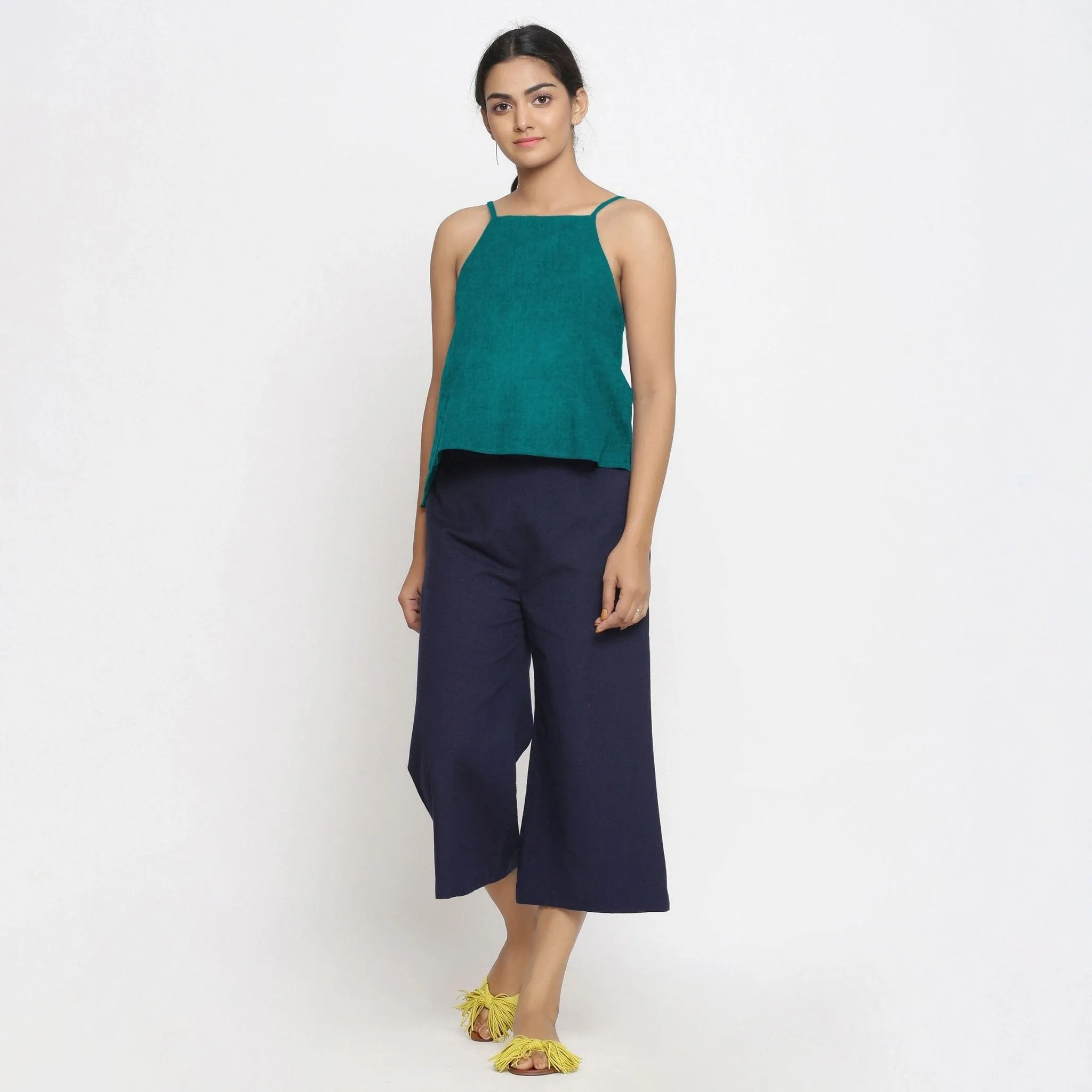 Solid Pine Green 100% Linen Relaxed Spaghetti Top