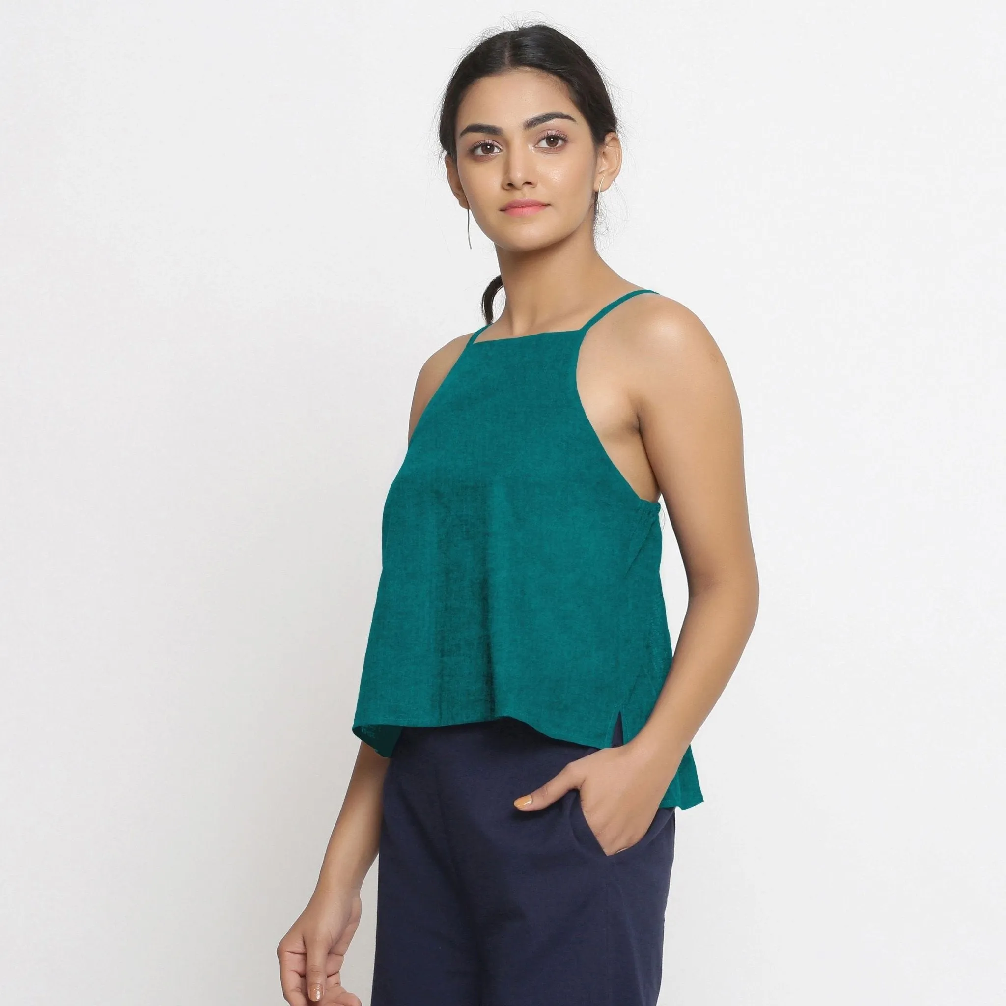 Solid Pine Green 100% Linen Relaxed Spaghetti Top