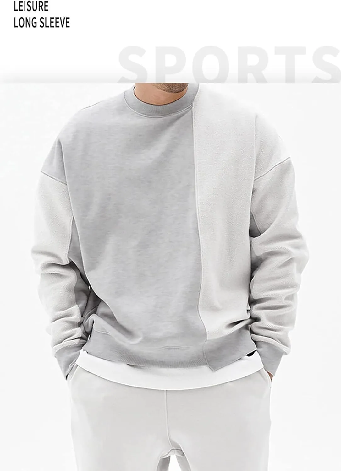 Surenow Mens Patchwork Crewneck Sweatshirt Long-Sleeve Lightweight Terry Sweatshirt Casual Workout Pullover Shirt Tops