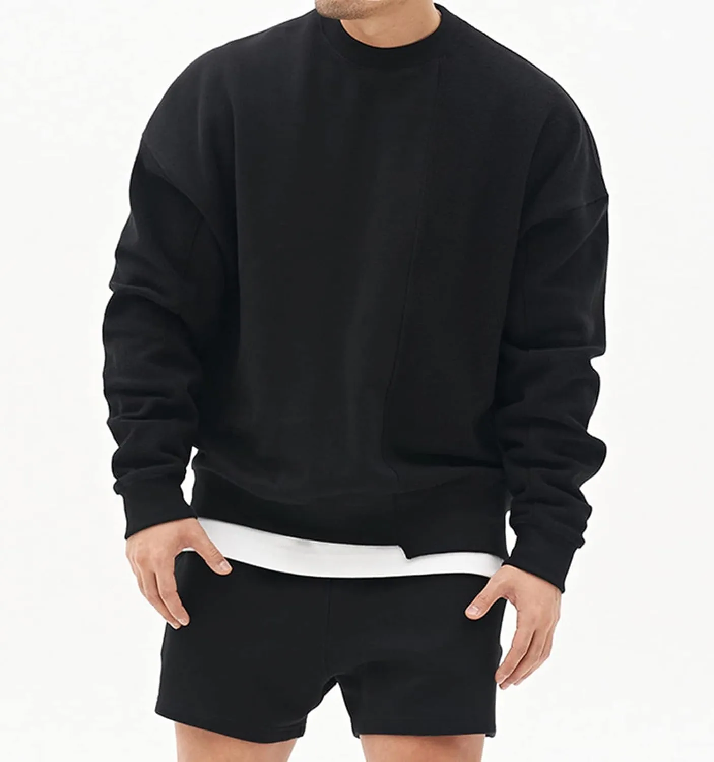 Surenow Mens Patchwork Crewneck Sweatshirt Long-Sleeve Lightweight Terry Sweatshirt Casual Workout Pullover Shirt Tops