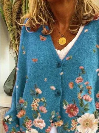 V Neck Casual Long Sleeve Floral Sweater