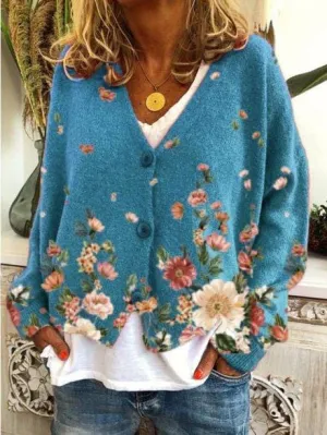 V Neck Casual Long Sleeve Floral Sweater