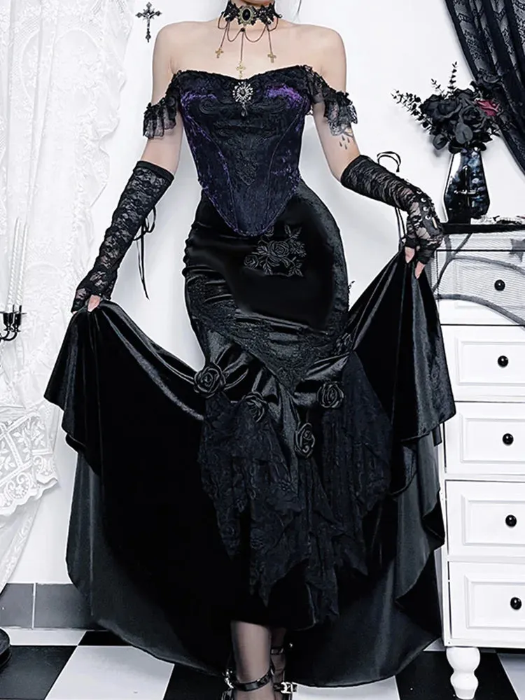 Vintage Elegant Trumpet Women Mall Goth Florals Patchwork High Waist Aesthetic Fairycore Skirt