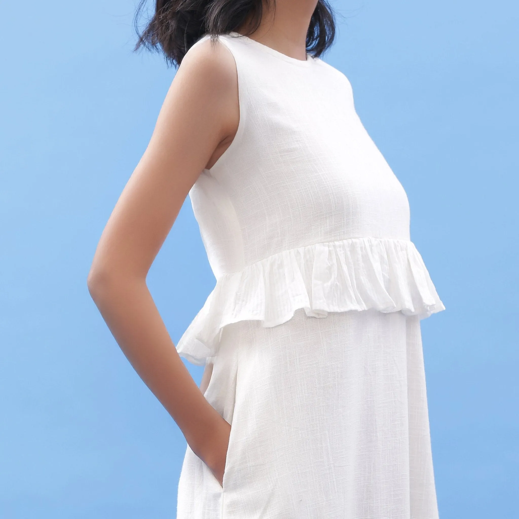 White Frilled Cotton Bohemian Sleeveless Midi Dress