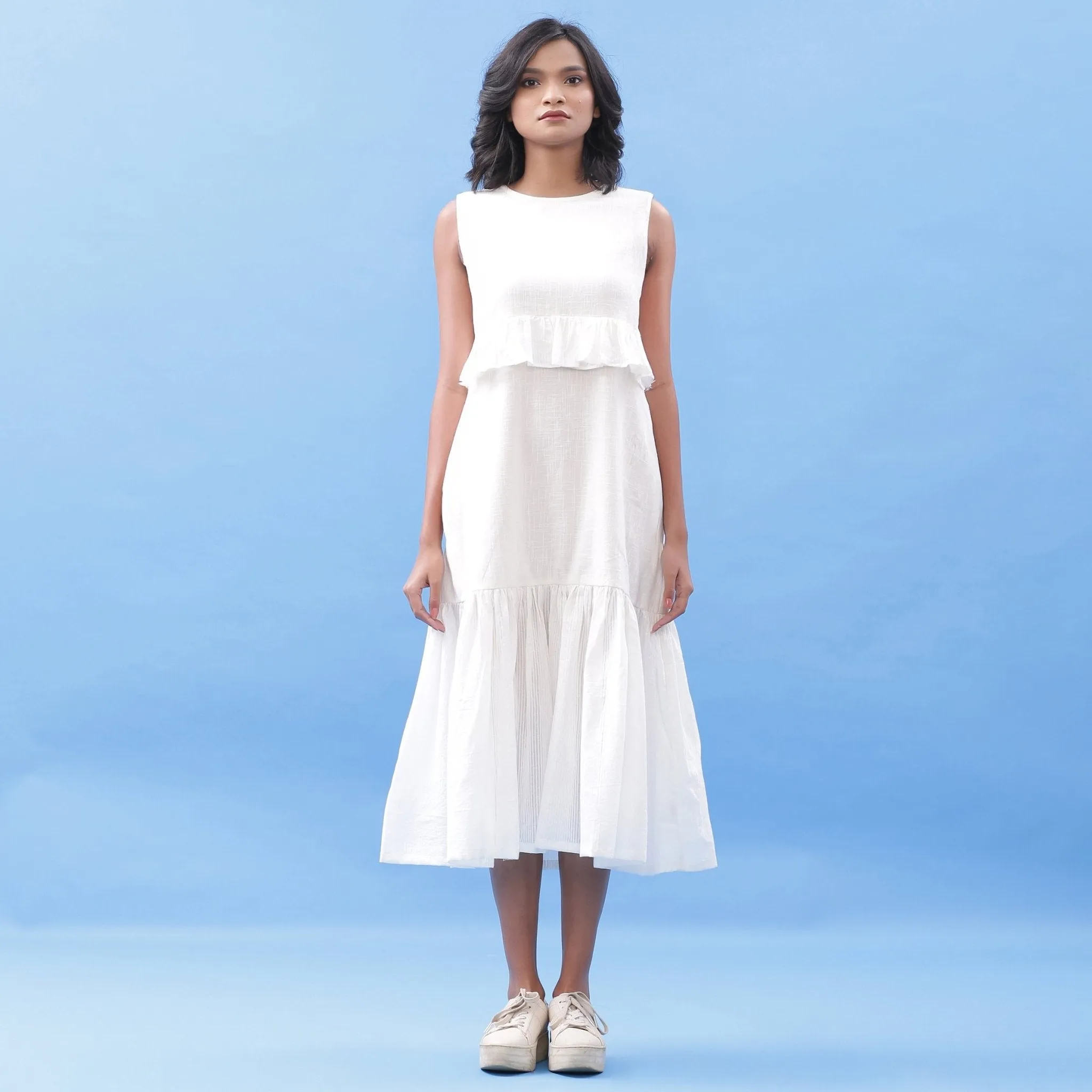 White Frilled Cotton Bohemian Sleeveless Midi Dress