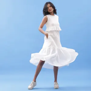 White Frilled Cotton Bohemian Sleeveless Midi Dress