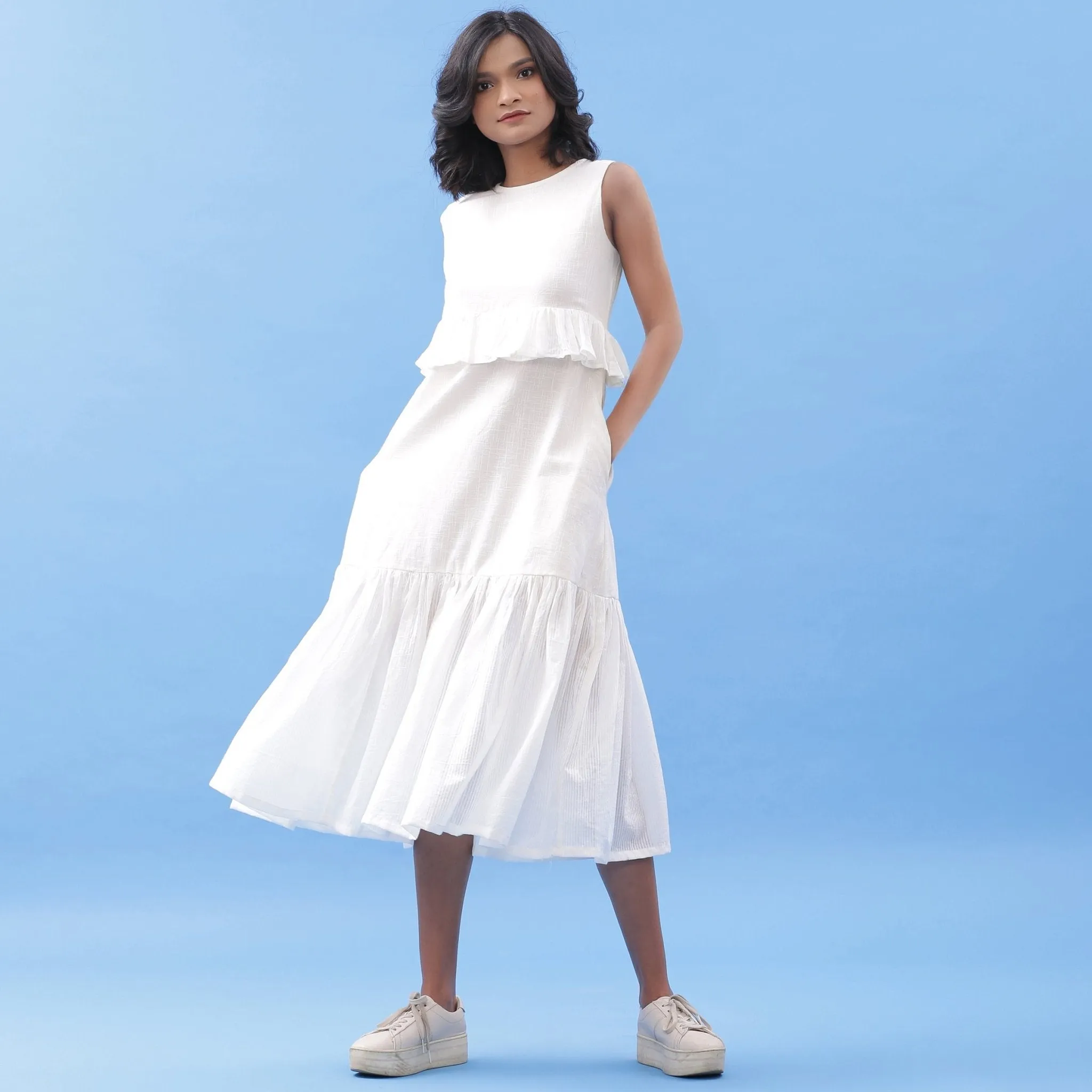 White Frilled Cotton Bohemian Sleeveless Midi Dress