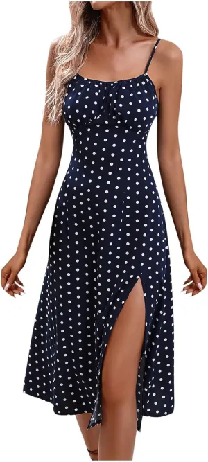 Women's 2024 Summer Casual Boho Ditsy Floral Spaghetti Strap Cami Split Midi Dresses Slim Fit Square Neck Sundresses