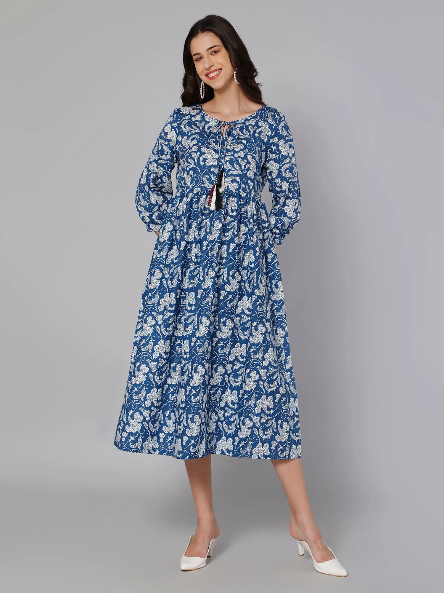 Women's Casual Tie up neck Blue Floral Print Fit & Flared Dress