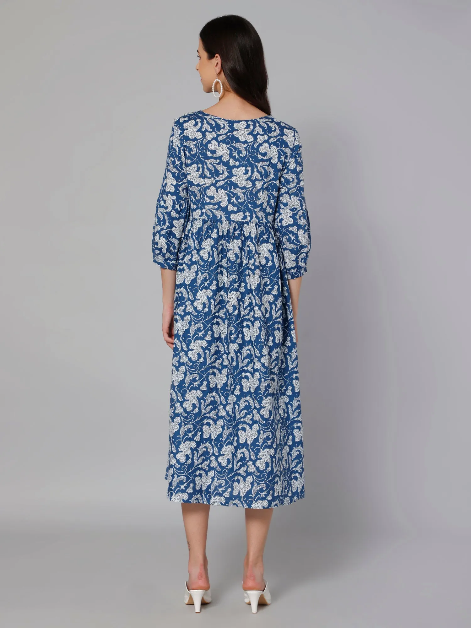 Women's Casual Tie up neck Blue Floral Print Fit & Flared Dress
