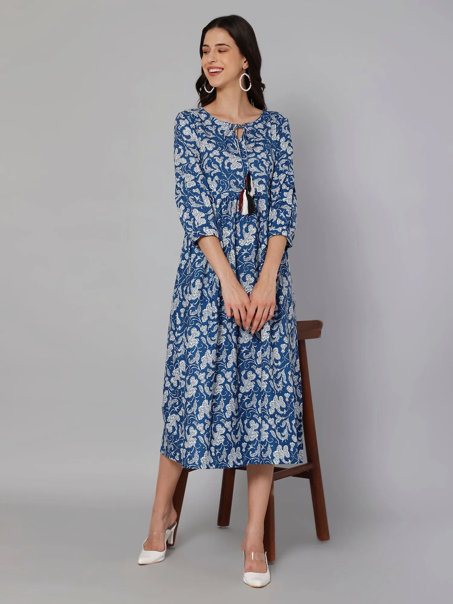 Women's Casual Tie up neck Blue Floral Print Fit & Flared Dress