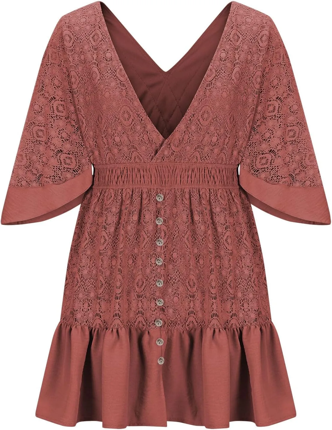Womens Sexy Lace Dress Short Sleeve V Neck Elastic Waist Boho Summer Dresses Ruffle Mini Dress with Built in Shorts