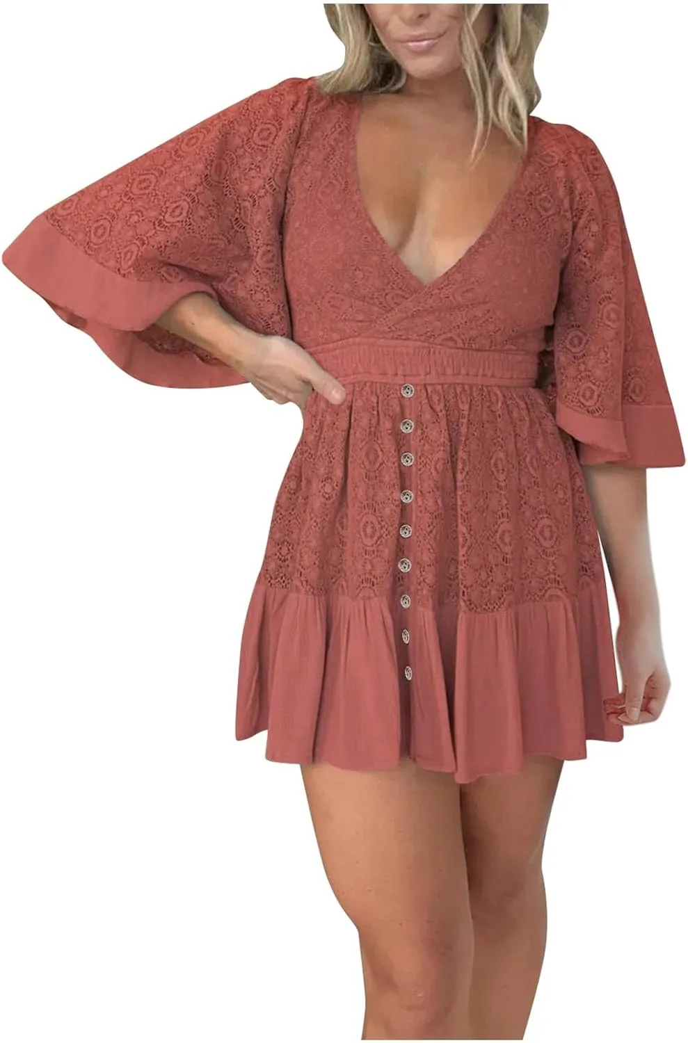 Womens Sexy Lace Dress Short Sleeve V Neck Elastic Waist Boho Summer Dresses Ruffle Mini Dress with Built in Shorts