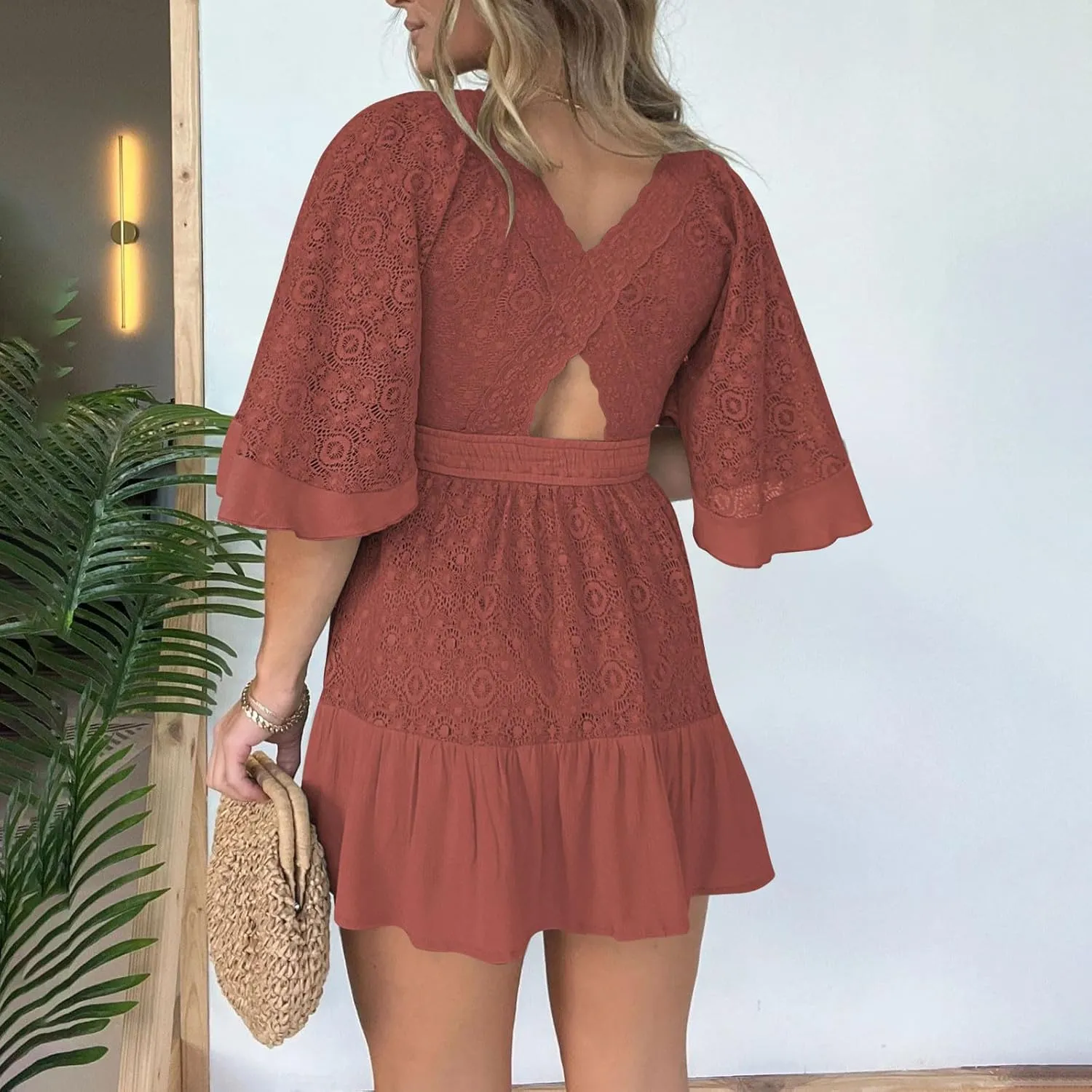 Womens Sexy Lace Dress Short Sleeve V Neck Elastic Waist Boho Summer Dresses Ruffle Mini Dress with Built in Shorts