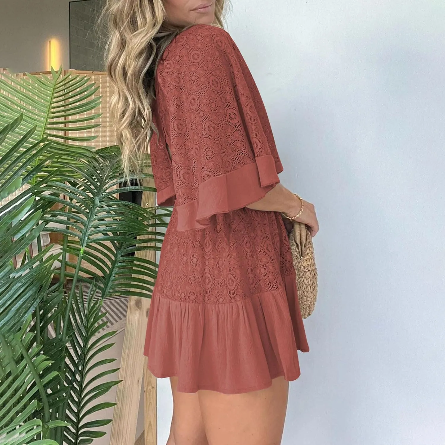 Womens Sexy Lace Dress Short Sleeve V Neck Elastic Waist Boho Summer Dresses Ruffle Mini Dress with Built in Shorts