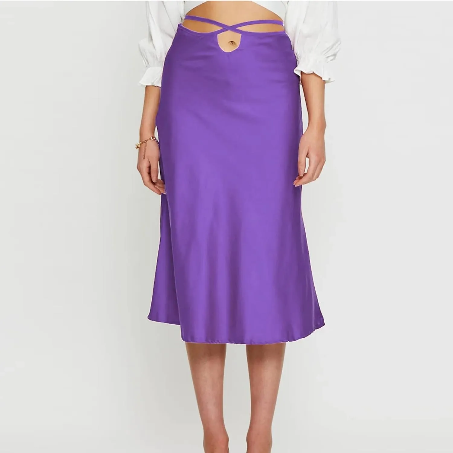 Womens Skirts Midi Length Sexy Lace up Navel Zipper Skirt Hip-Wrapped A-Line Swing Skirts Solid Color Silk Skirt