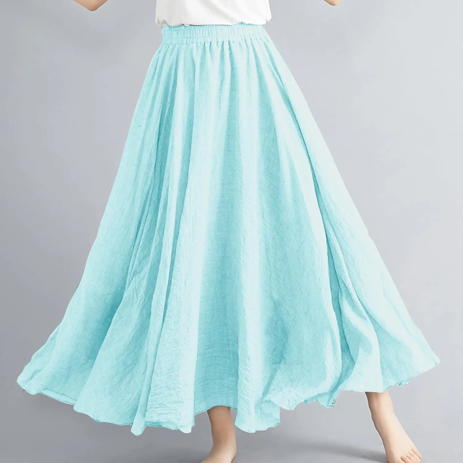 Women's Summer Boho Linen Maxi Skirts Flowy Swing A-Line Skirt Fashion Trendy Elastic Waist Pleated Long Beach Dress