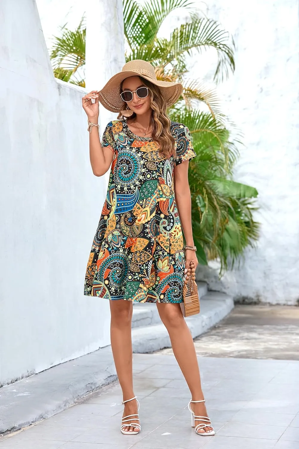 Womens Summer Casual Dresses Paisley Floral T Shirt Dress Short Sleeve Plus Size Sundress Swing Boho Dress with Pockets
