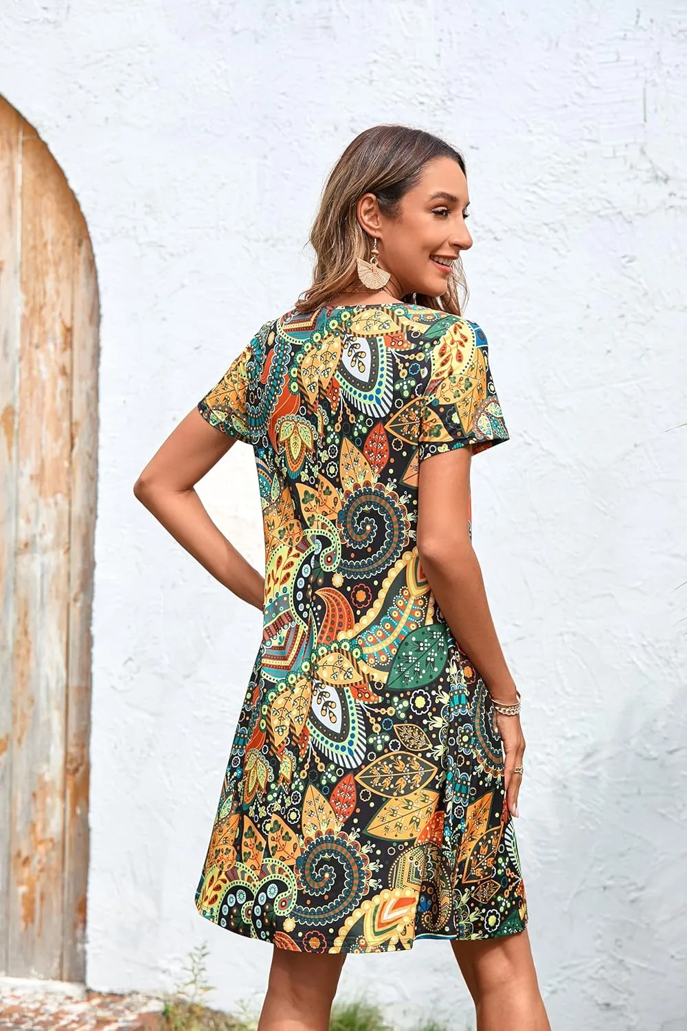 Womens Summer Casual Dresses Paisley Floral T Shirt Dress Short Sleeve Plus Size Sundress Swing Boho Dress with Pockets