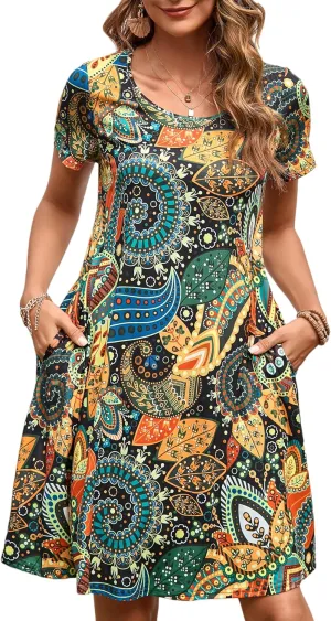 Womens Summer Casual Dresses Paisley Floral T Shirt Dress Short Sleeve Plus Size Sundress Swing Boho Dress with Pockets