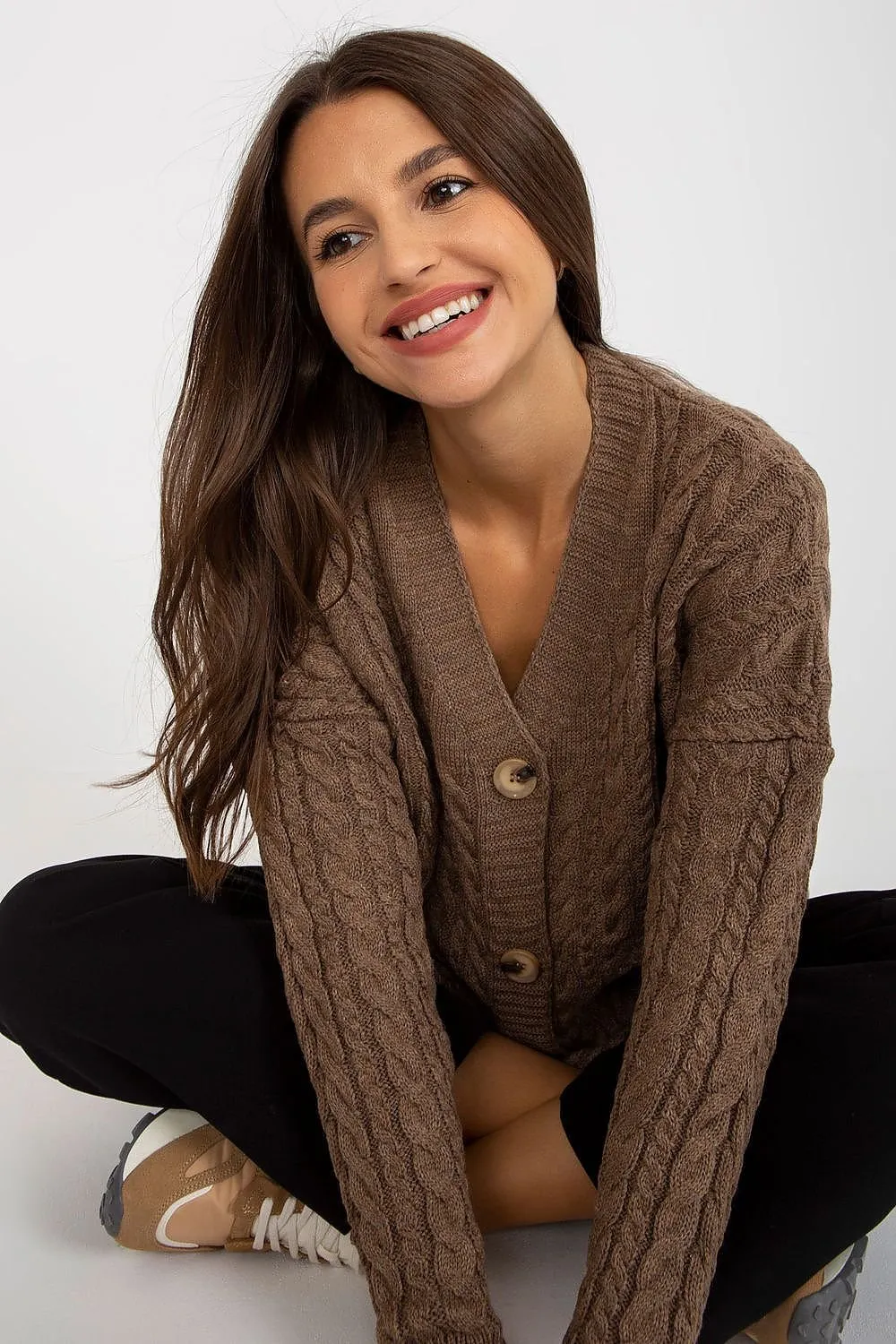 Women's Warm Brown Quilted Long Sleeve Buttoned Winter Cardigan